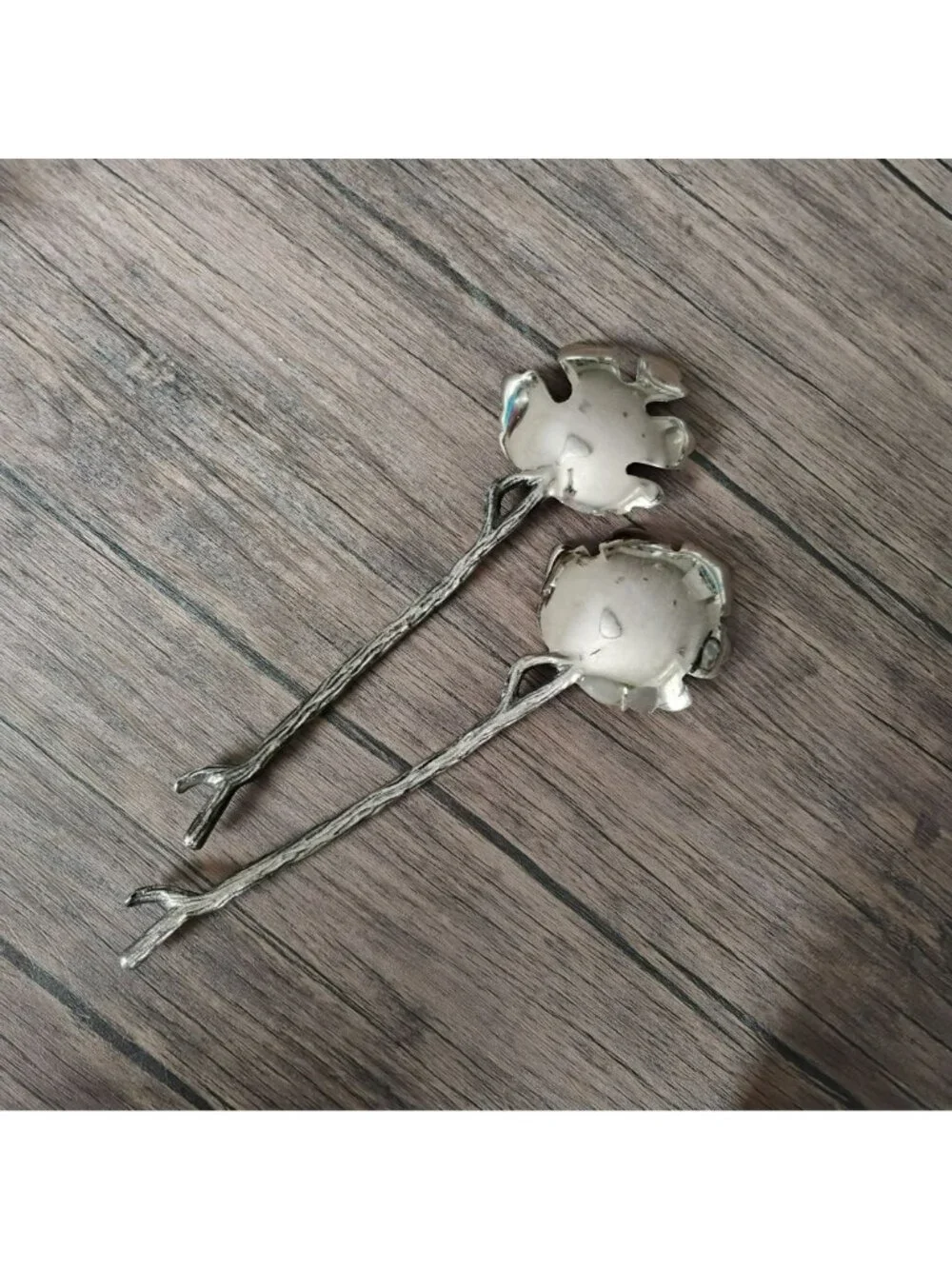Vintage Cast Aluminum Leaf & Twig Salad Servers, Silver Tone Metal Botanical Set